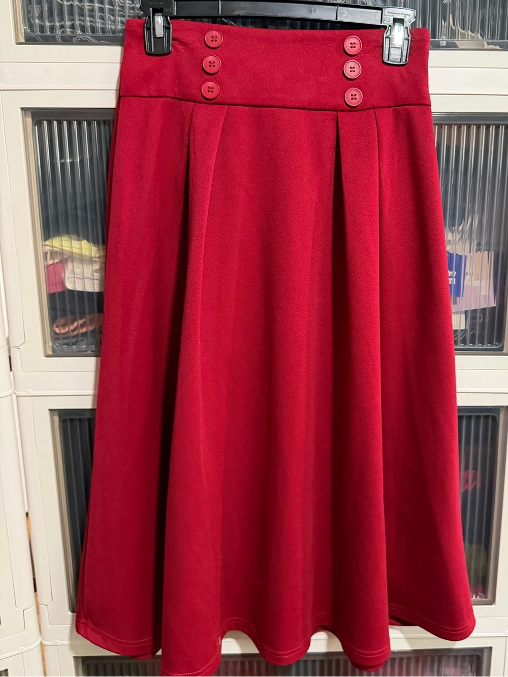 Red A-Line Midi Skirt with Buttoned Waistband
